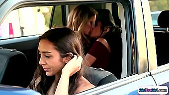 Driver Observes As Candice Dare And Lilly Hall Engage In Passionate Intimacy In The Rear Of A Vehicle