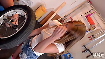 A European Girl With A Pink Pussy Gives A Blowjob And Has Sex In A Repair Shop