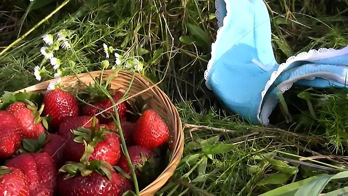 Proef De Zoetheid Van Het Aardbeienkutje Van Een Meisje